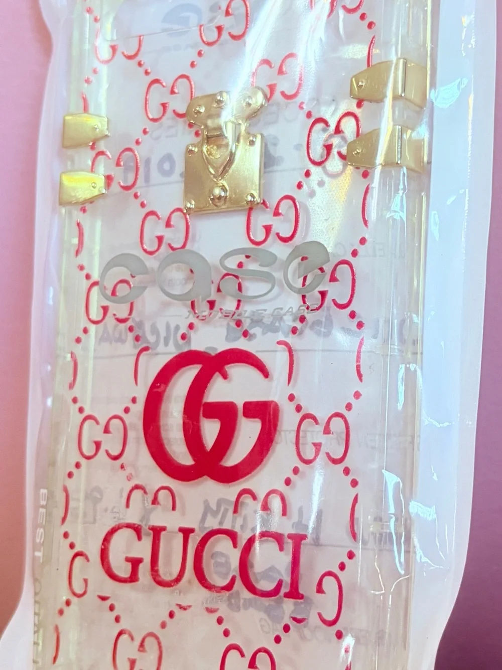 Gucci Logo Pattern Clear/Pink Phone Case with Golden Accents — iPhone 6,7,8 PLUS